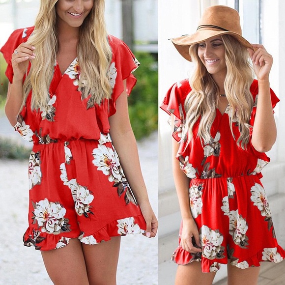 ♦️🆕 Floral V Neck Ruffled Romper Red - Picture 2 of 6
